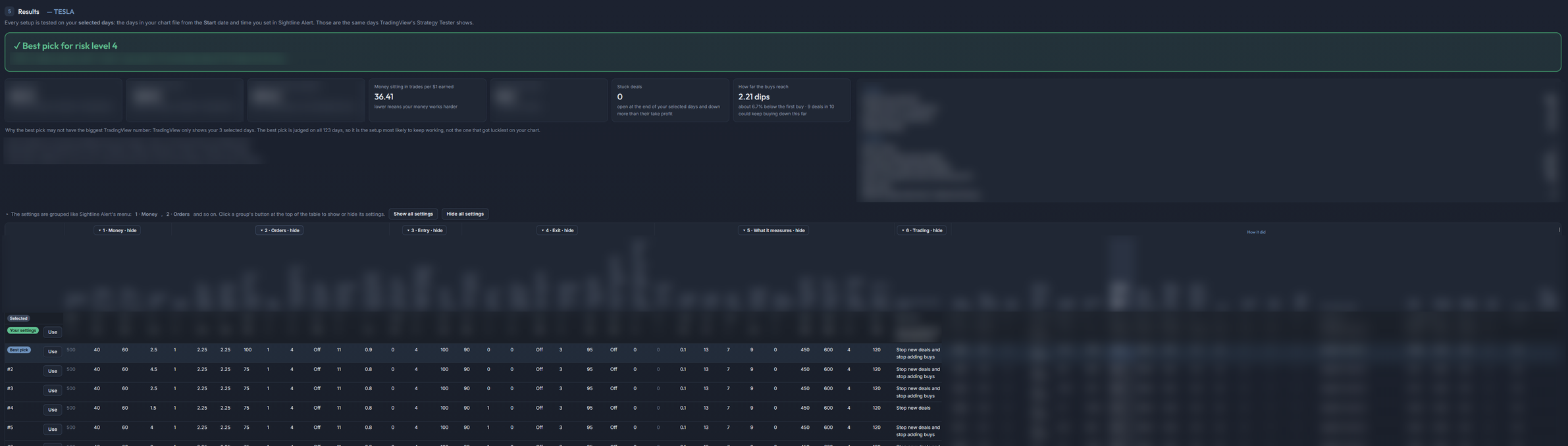 Calibrate results table with suggested settings