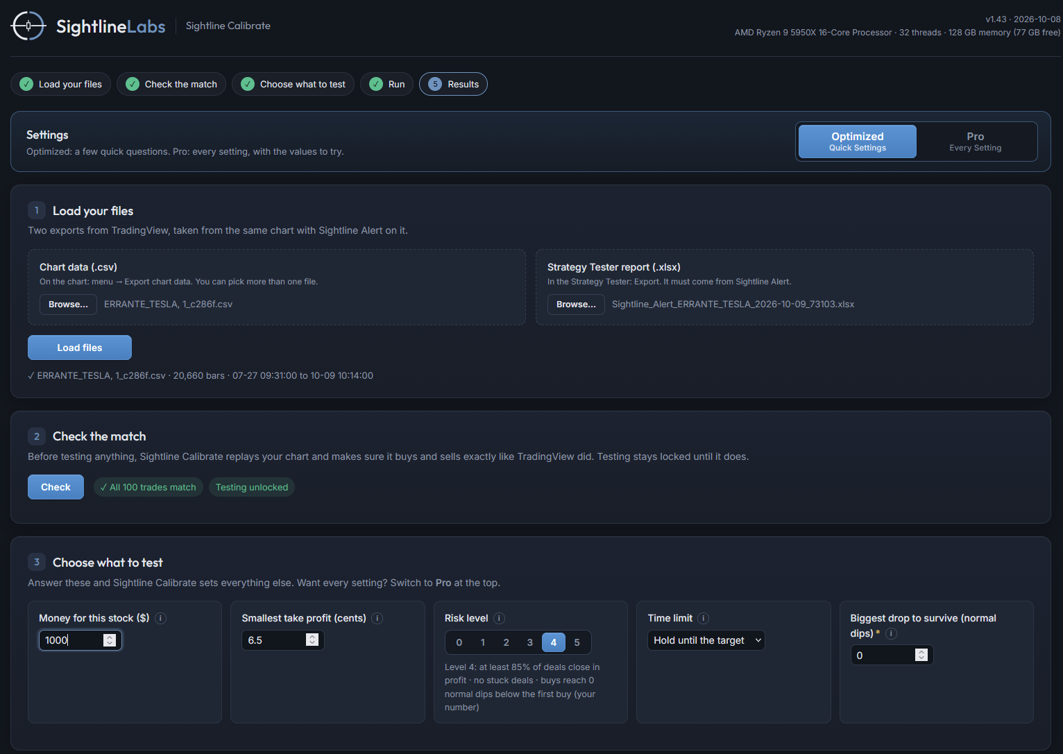 Calibrate Check screen: matches TradingView