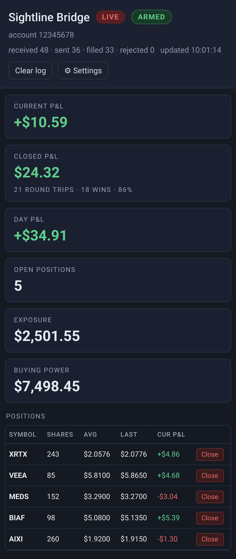 Bridge on your phone: live trade stats and the on/off switch